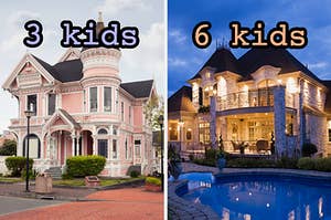 On the left, a Victorian-style house on the corner of a street labeled 3 kids, and on the right, a large mansion with a pool out back labeled 6 kids