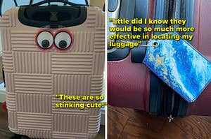 左：手提箱上的审稿人的摄影图。右：手提箱上的蓝色大理石行李标签的审稿人照片