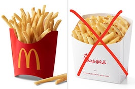 On the left, some McDonald's fries, and on the right, some Chick-fil-A fries with an x drawn over them
