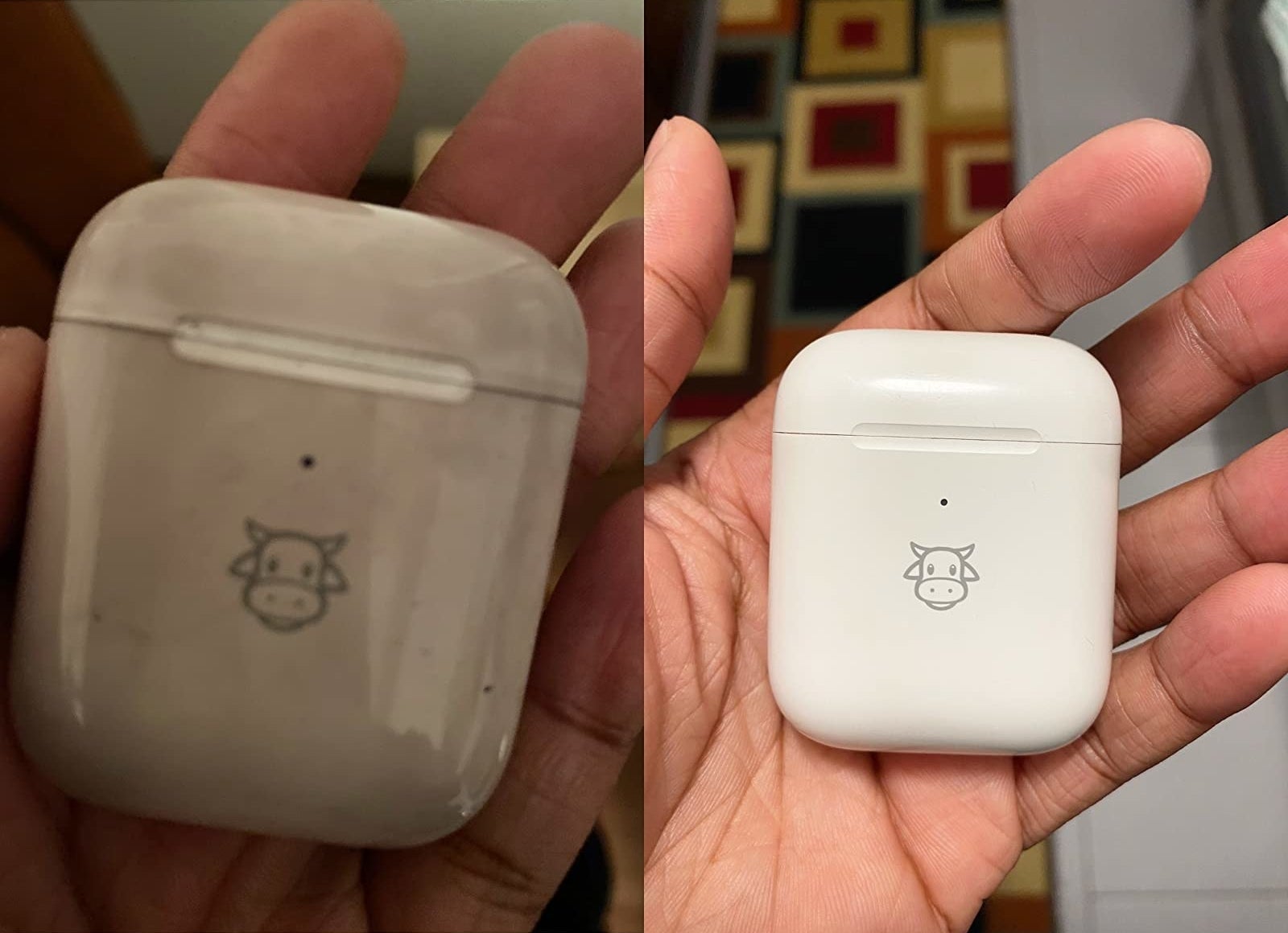 a reviewer&#x27;s airpod case before, looking grimy and grey; and after, bright white and clean
