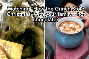 The Grinch holds a book and a cup of hot chocolate with marshmallows