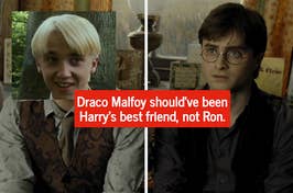 Ron Weasley sits next to Harry Potter with Draco Malfoy's face pasted over his own