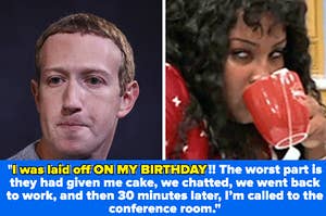 Mark Zuckerberg face vs a woman angrily drinking tea