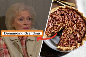 Betty White wears a flannel shirt under a vest and a pecan pie with a slice cut out