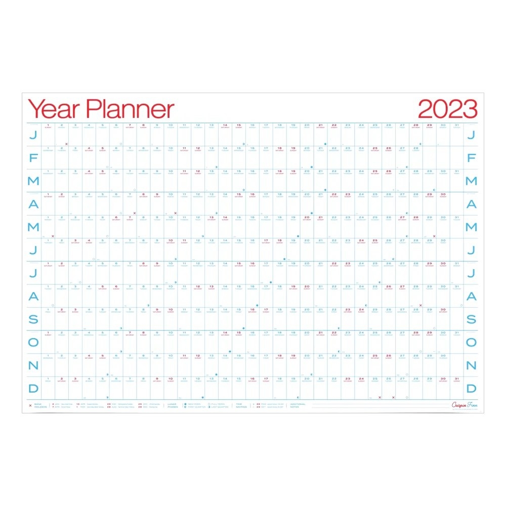 2023 white calendar with each day of the month stretching in a horizontal row