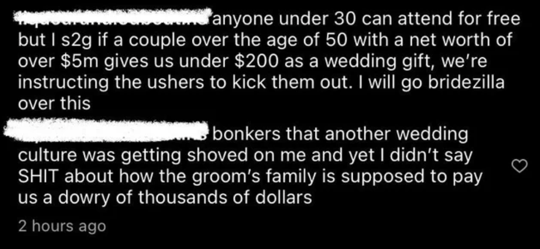 &quot;yet I didn&#x27;t say SHIT about how the groom&#x27;s family is supposed to pay us a dowry of thousands of dollars&quot;