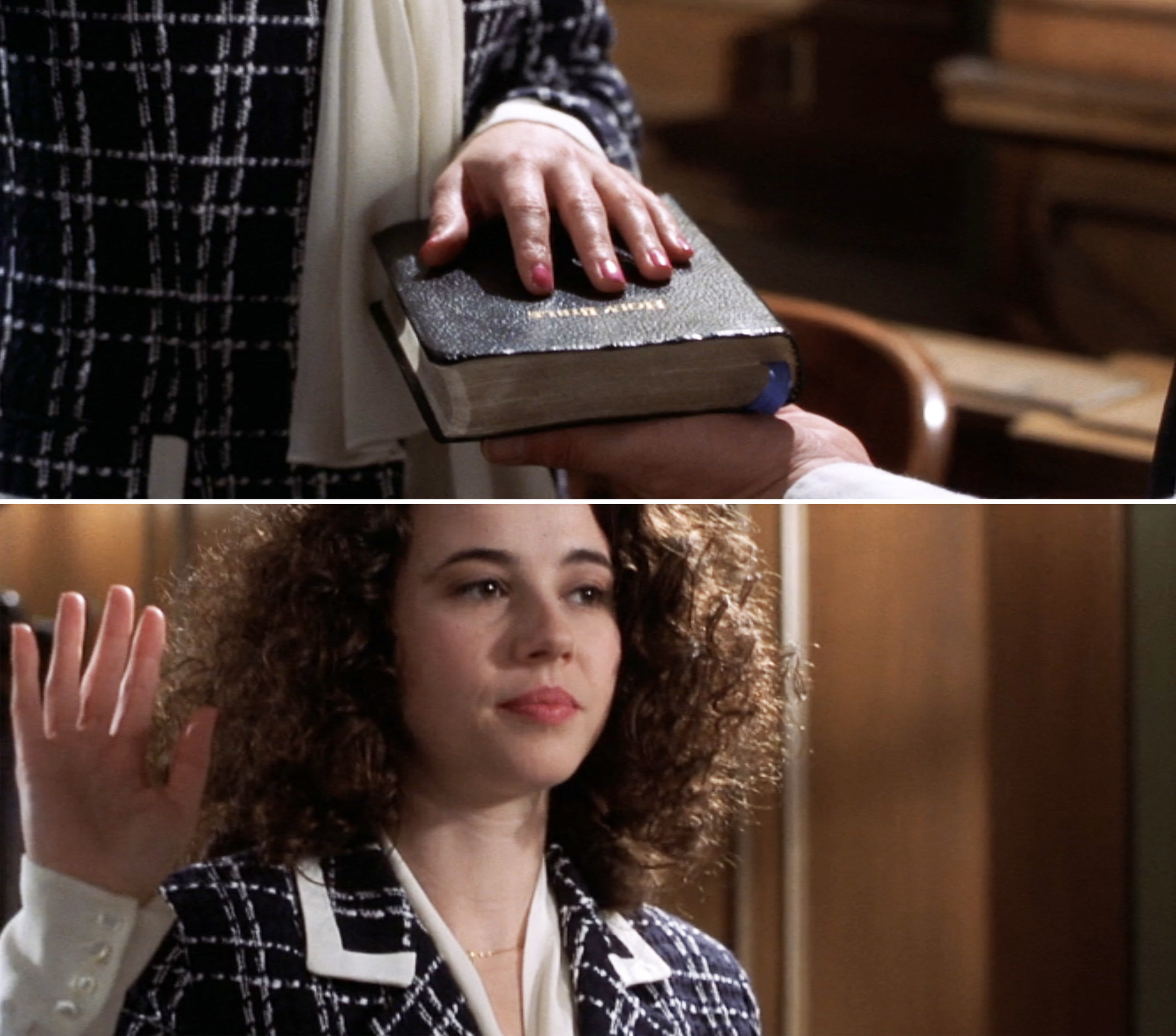 Linda with her hand on the Bible in courtroom scene from Legally Blonde