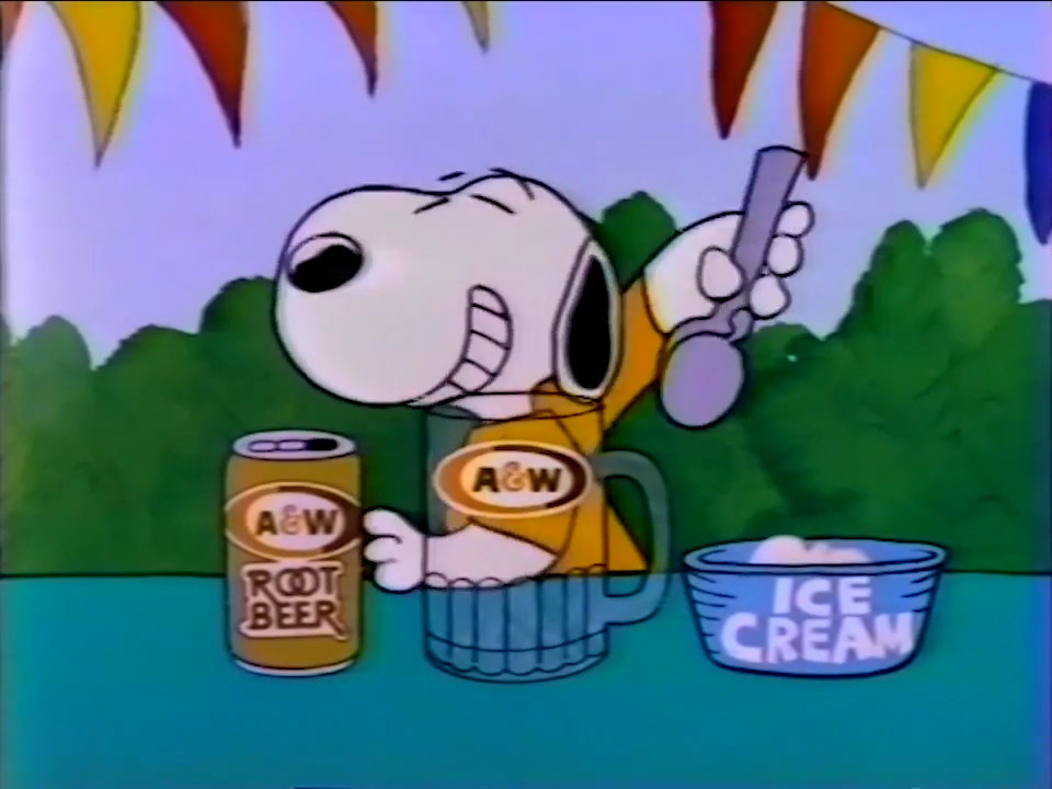 snoopy from &quot;peanuts&quot; with a&amp;w root beer for commercial