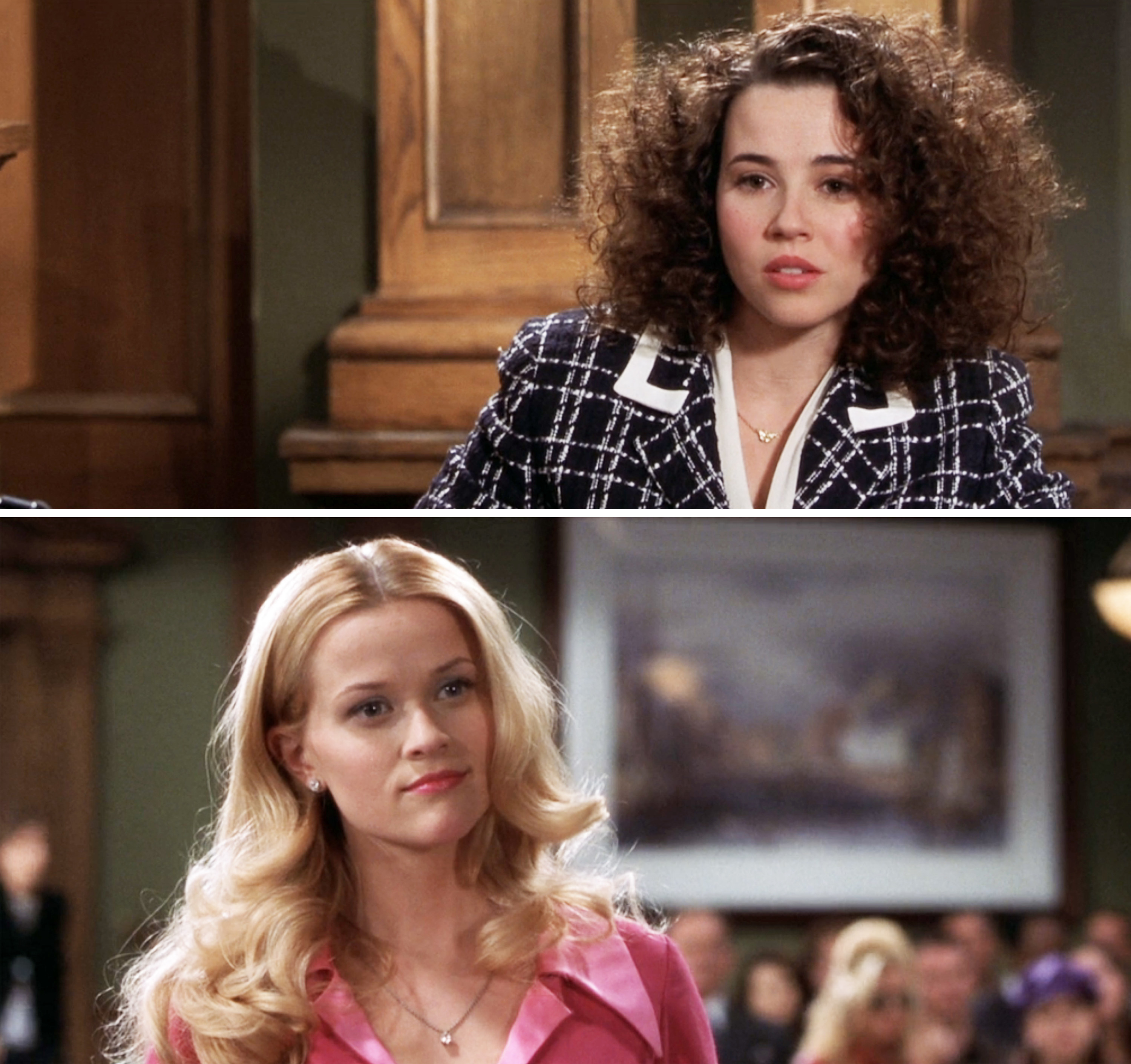 Linda with big hair and Reese in court
