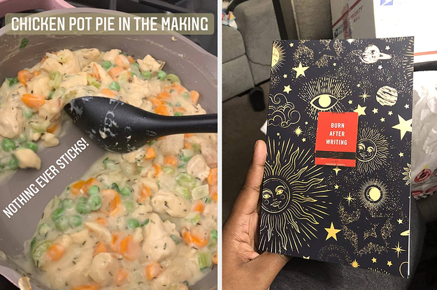 chicken pot pie ingredients in a non stick pan, celestial print journal
