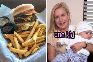 On the left, a burger and fries, and on the right, Angela from The Office holding baby Phillip labeled one kid