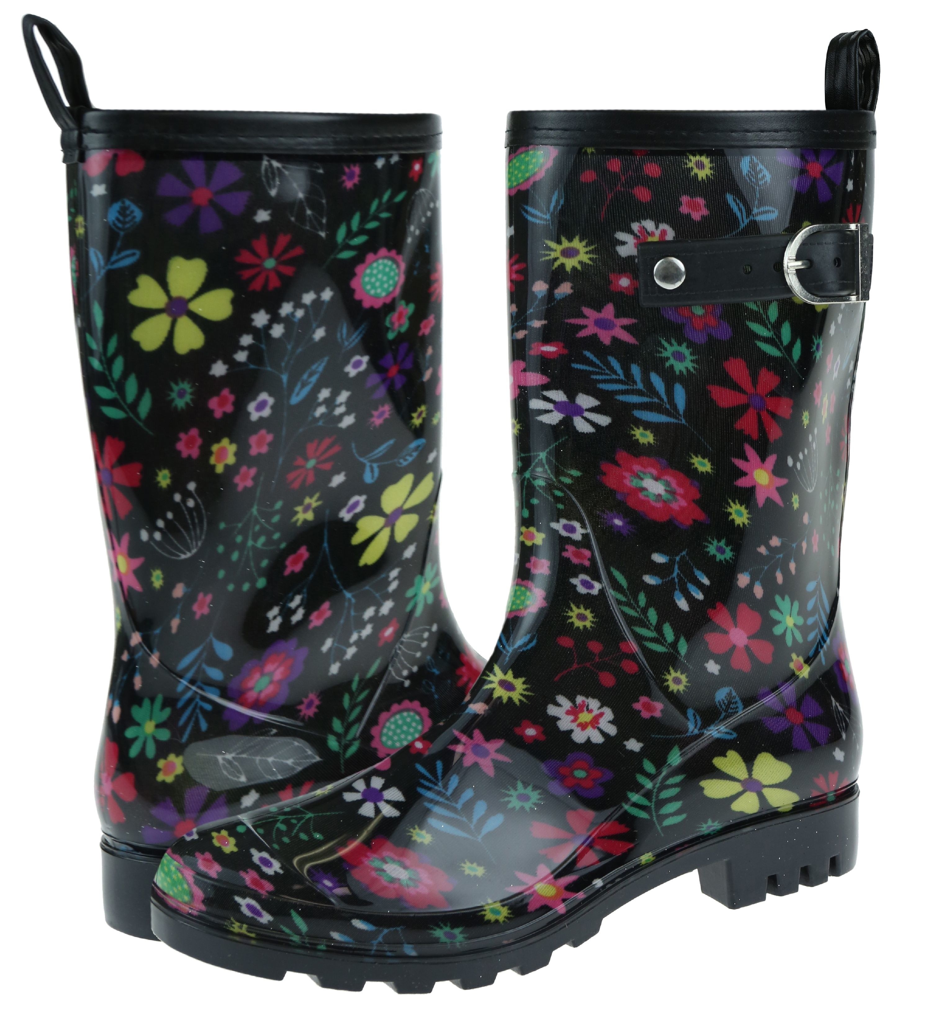 the black and floral rain boots