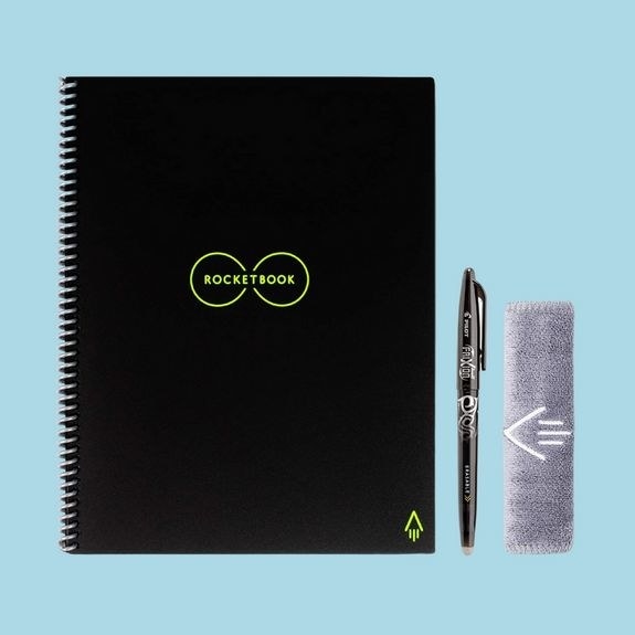 Rocketbook smart notebook with a pen and a microfiber cloth