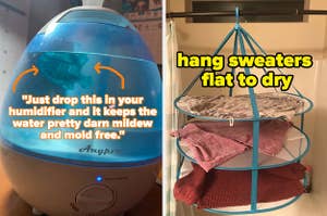 L: fish-shaped cleaning cartridge in a humidifier with reviewer quote: "just drop this in your humidifier and it keeps the water pretty darn mildew and mold free" R: hanging mesh drying rack with sweaters on it