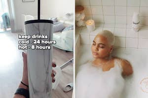 left image: insulated tumbler with straw, right image: person soaking in bath tub