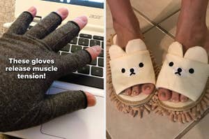 left image: person wearing muscle tension relief gloves, right image: bear mop slippers