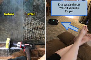 left image: shower door after being cleaned using drill scrubber brush, right image: person relaxing while robot vacuum cleans