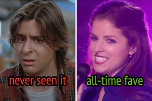 On the left, Bender from The Breakfast Club labeled never seen it, and on the right, Beca from Pitch Perfect labeled all-time fave