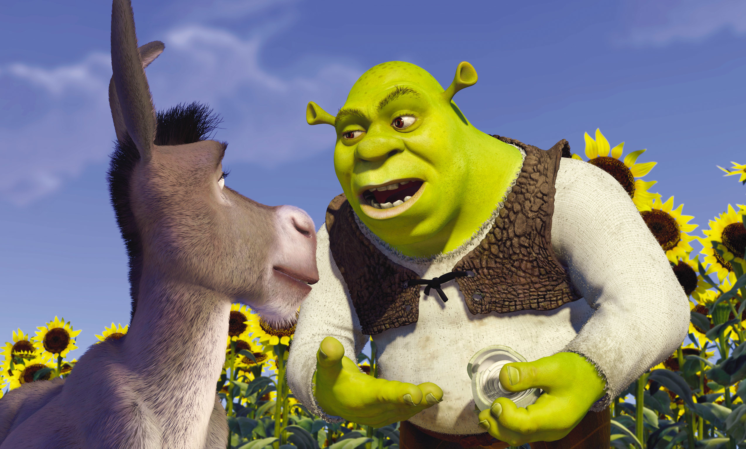 Animation: Shrek and the Donkey stand in a sunflower field.