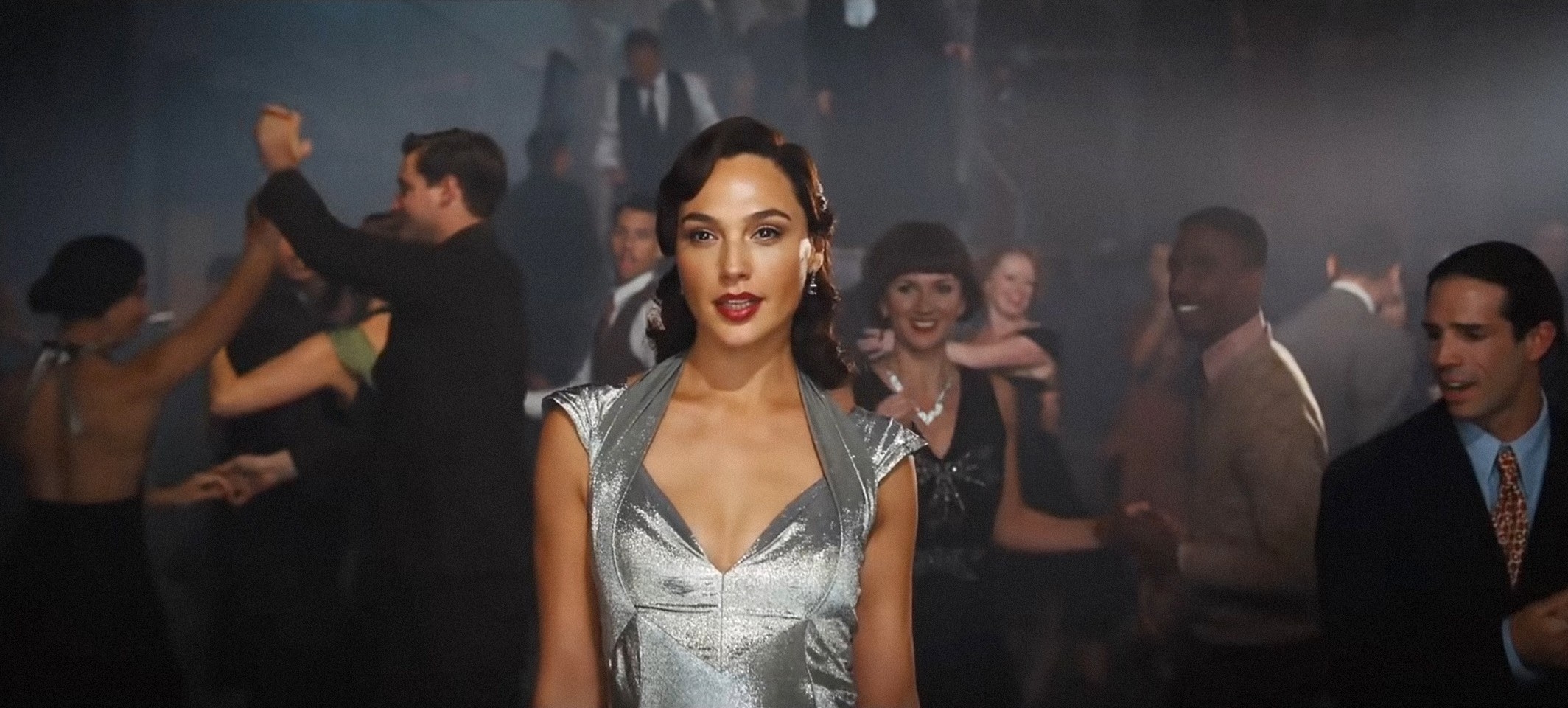 Gal Gadot in a silver dress in Death on the Nile.