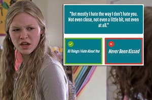Kat from 10 Things I Hate About You scrunching up her face next to a screenshot of the quote but mostly I Hate the way I don't hate you. Not even close, not even a little bit, not even at all