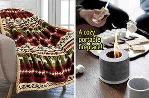 a reindeer-print throw blanket draped over an armchair / people roasting marshmallows over a portable fireplace on a coffee table with text: a cozy, portable fireplace!