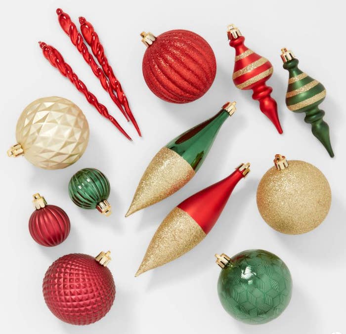 A collection of colorful plastic Christmas tree ornaments