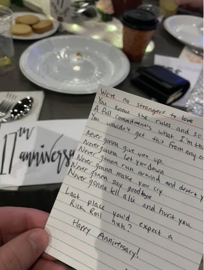 "Never Gonna Give You Up" lyrics on a card