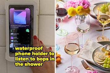shower phone holder and wine glasses 
