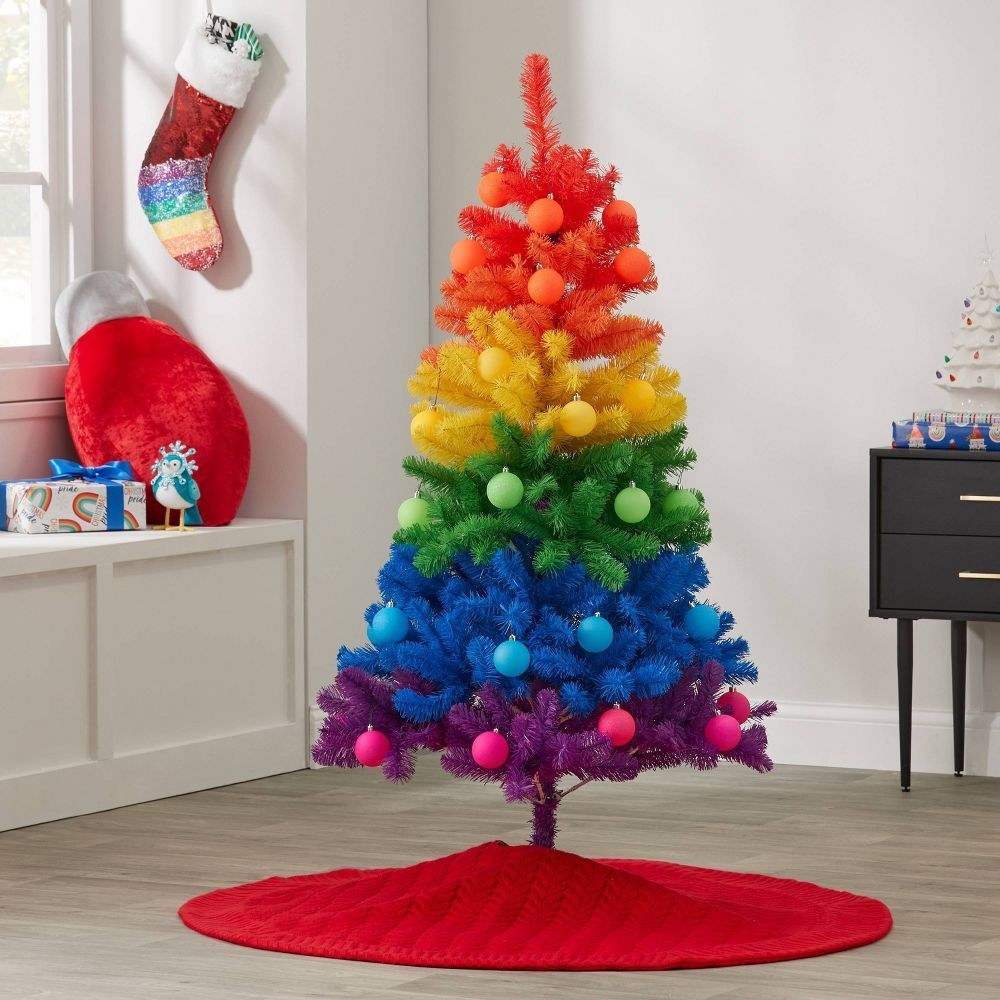 the rainbow christmas tree with ornaments