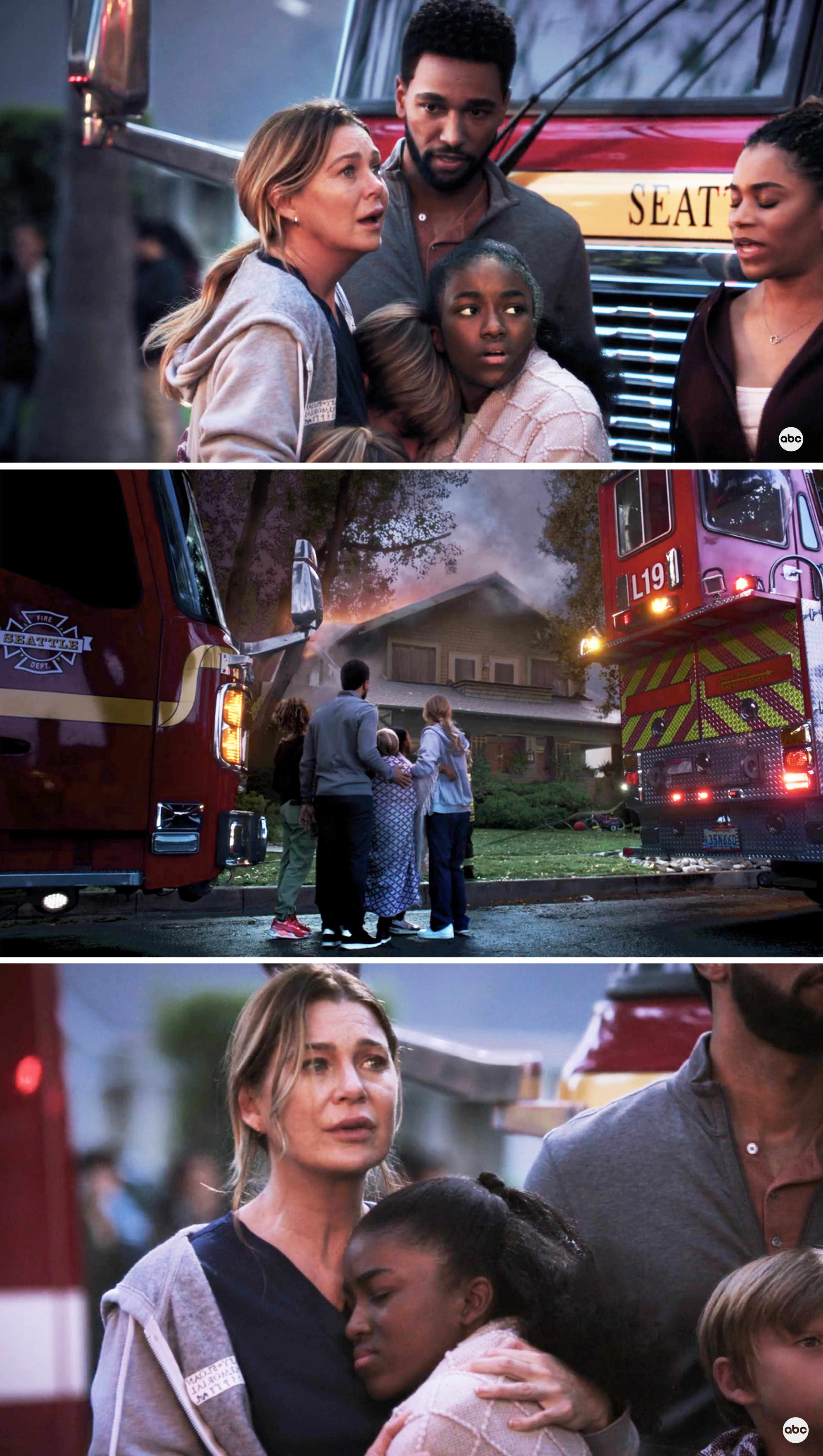 Meredith and her family standing outside their burning house