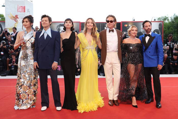 the cast of don't worry darling on the red carpet