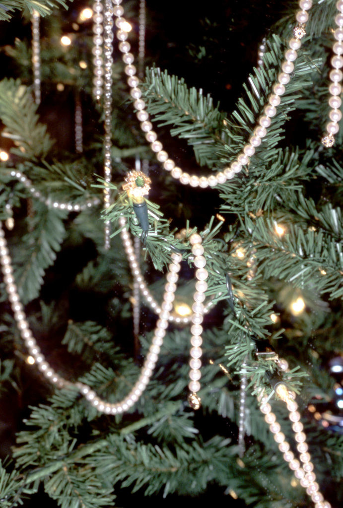 Closeup of a Christmas tree with pearls