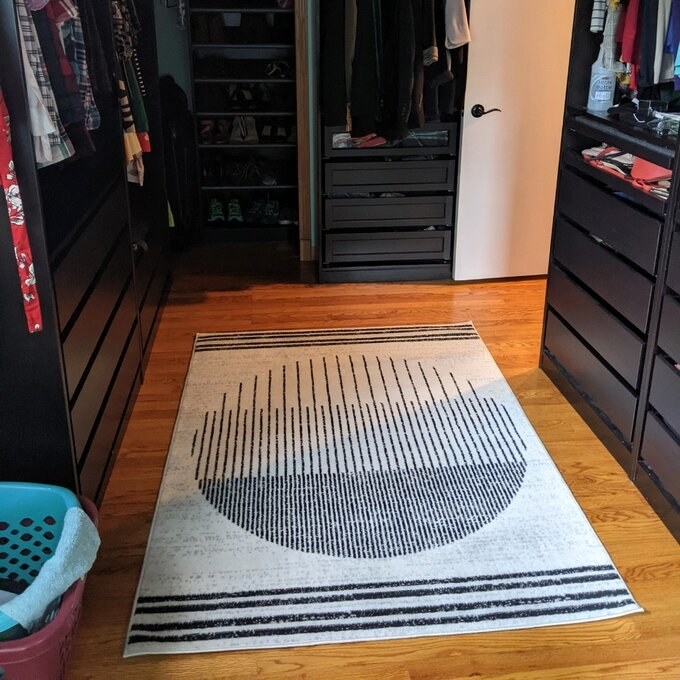 Patterned rug on a floor with furnishings around, suggesting home decor options for readers