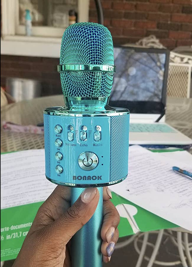 Reviewer holding blue karaoke mic with buttons