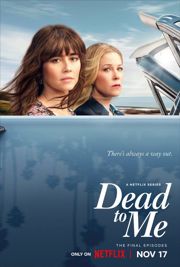 The Dead to Me promo poster featuring Linda and Christina in a convertible