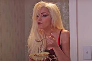 Lady Gaga eating cereal in an SNL sketch