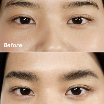 Closeup of a model's eyebrows before and after using the gel, showing how much thicker and fulled in it makes them.