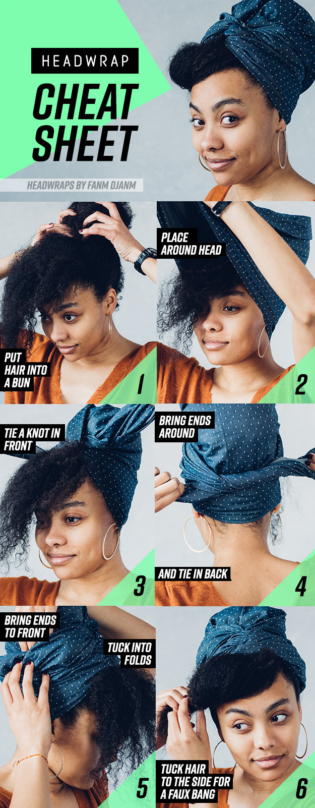 Photos showing six steps: Put hair into a bun, place wrap around head, tie knot in front, bring ends around, bring ends to front and tuck into folds, and tuck hair to the side for a faux bang