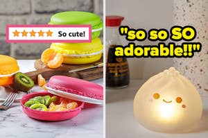 stack of macaron-shaped food storage containers; dumpling-shaped night light