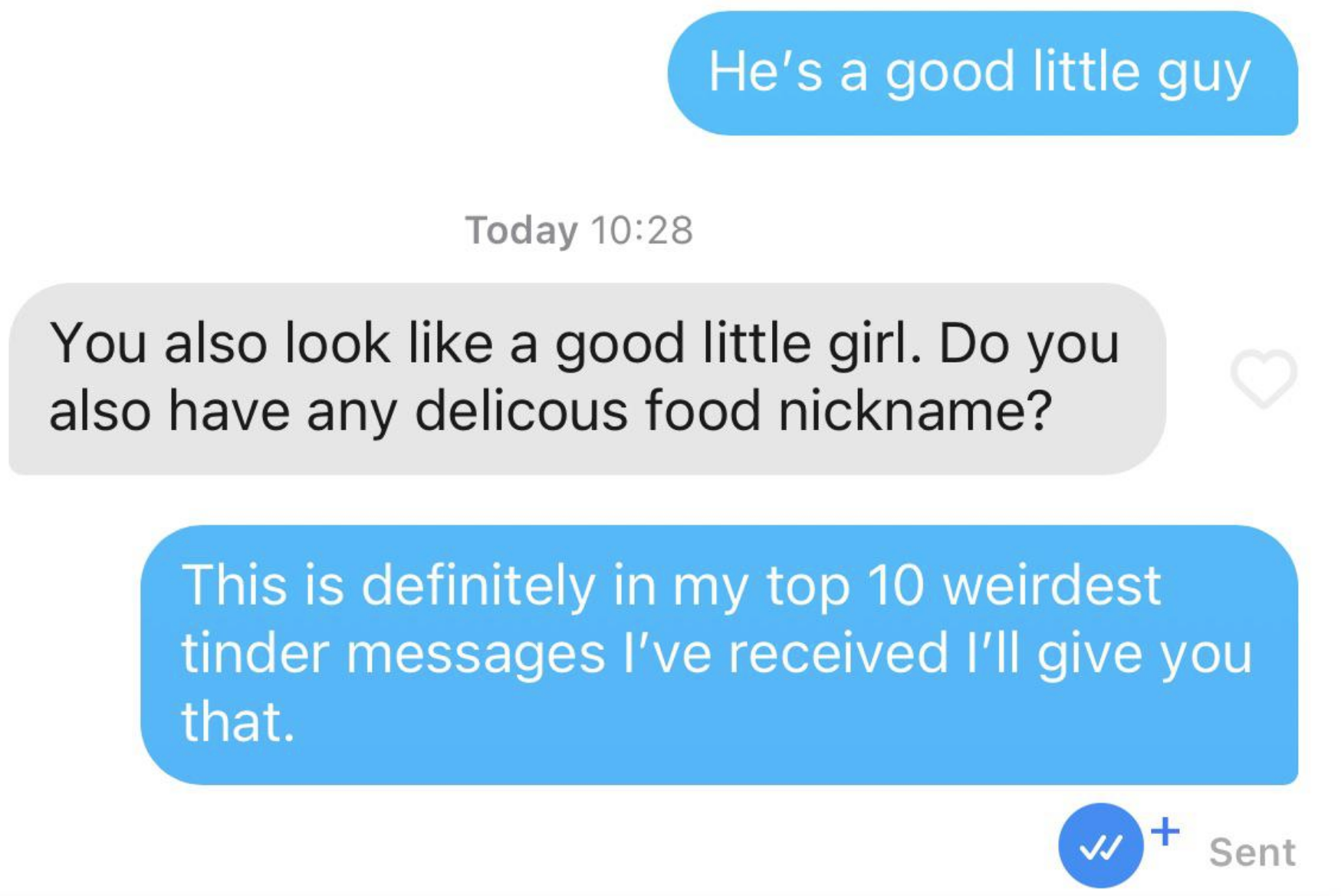 &quot;He&#x27;s a good little guy&quot;; &quot;You also look like a good little girl; do you also have any delicious food nickname?&quot; &quot;This is definitely in my top 10 weirdest Tinder messages I&#x27;ve received, I&#x27;ll give you that&quot;