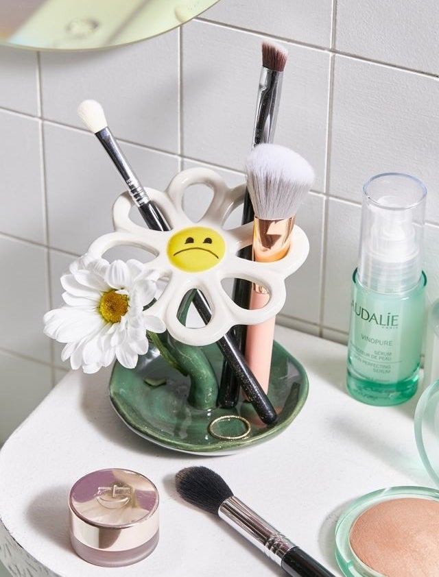a daisy with a sad face holding brushes on a bathroom counter