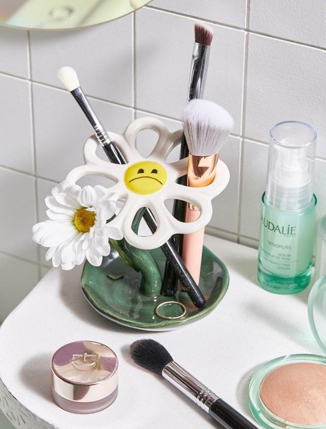 a daisy with a sad face holding brushes on a bathroom counter