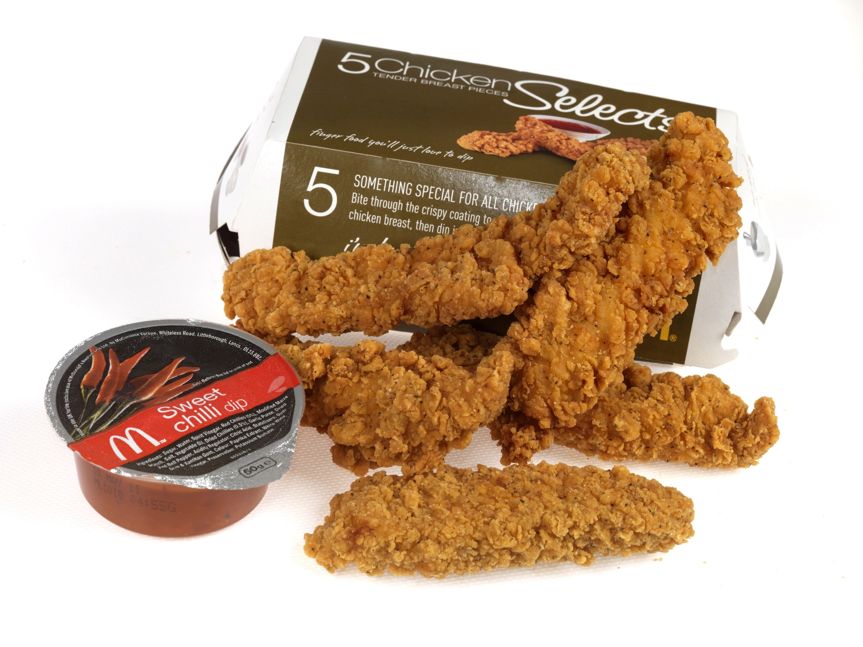 A box of 5 Chicken Selects with Sweet Chili dip