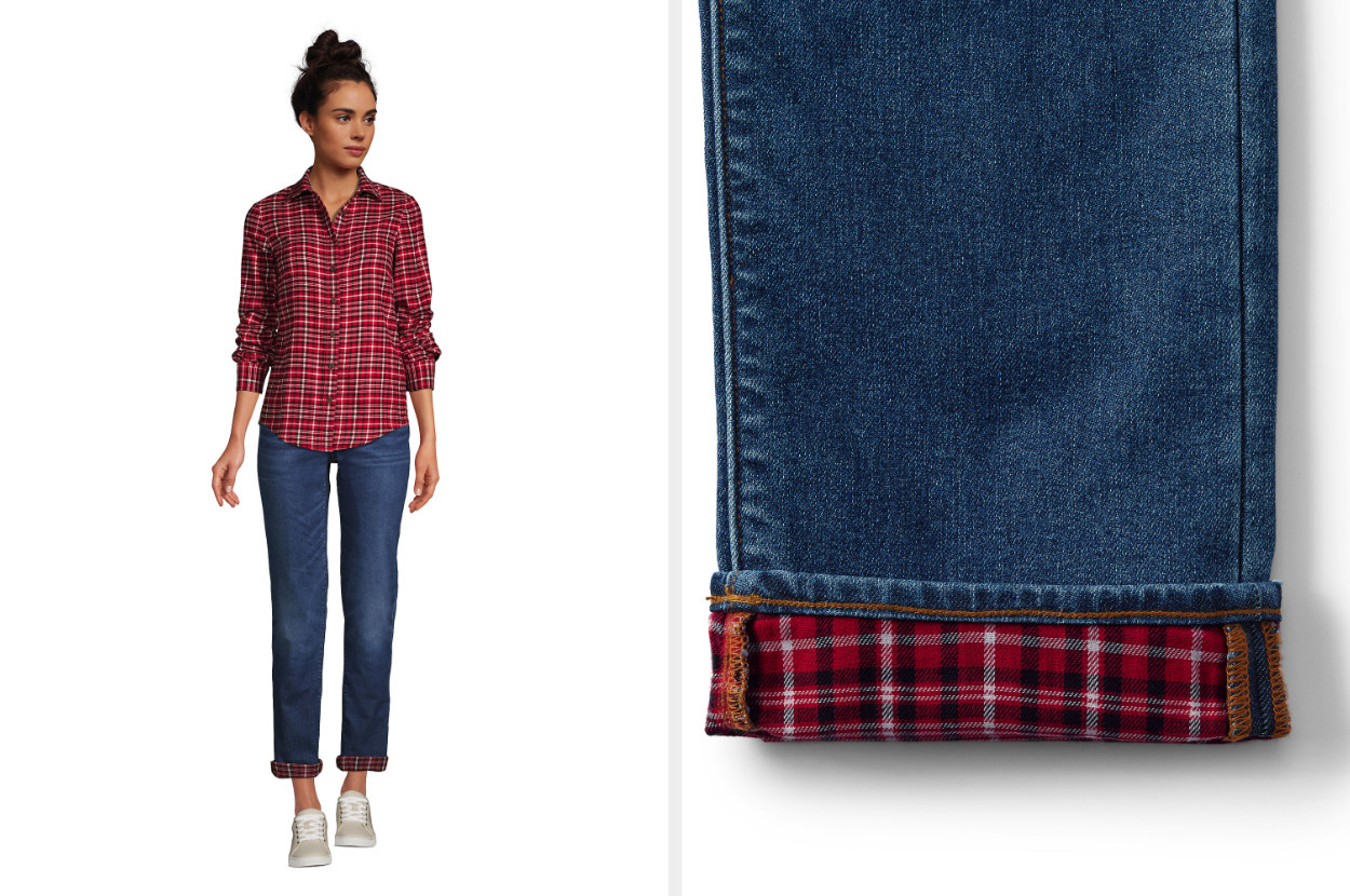 collage, model wearing the flannel-lined jeans and image of the flannel lining in the jeans