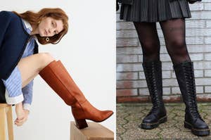 Two images of brown and black boots