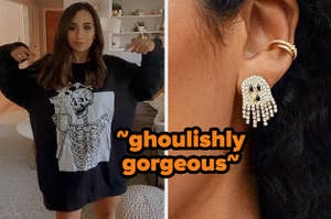 skeleton sweatshirt on the left and ghost earring on the right