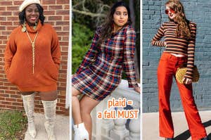 reviewer wearing an orange sweater dress with boots and a beret / reviewer wearing a plaid dress with text: plaid = a fall must / reviewer wearing a striped long-sleeve top with red pants