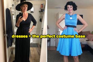 witch costume on the left and a betty rubble outfit on the right