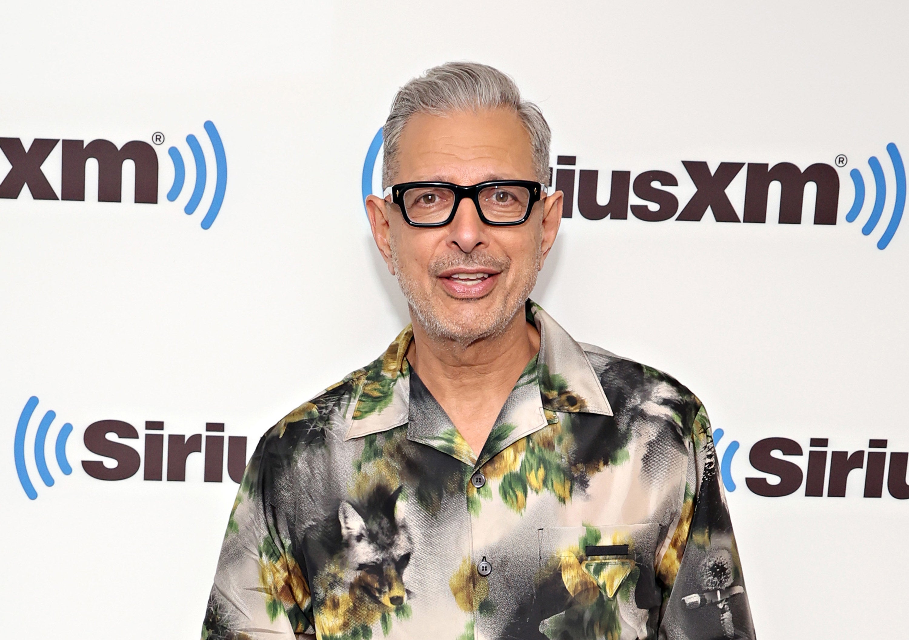 Jeff Goldblum in a wolf printed shirt at an event